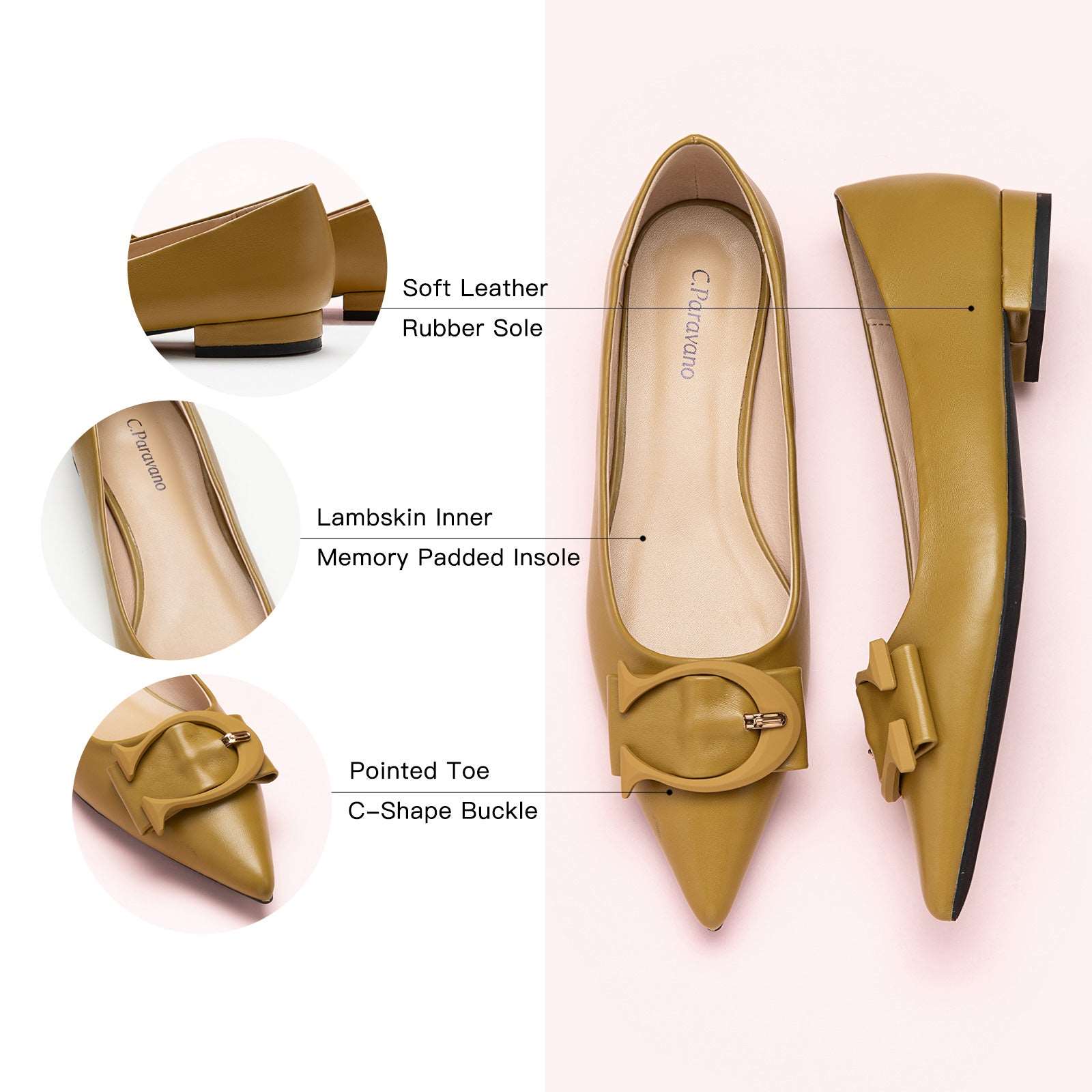 Step into timeless elegance with these straw-colored flats featuring a pointed toe and a chic C buckle, perfect for a relaxed and refined look