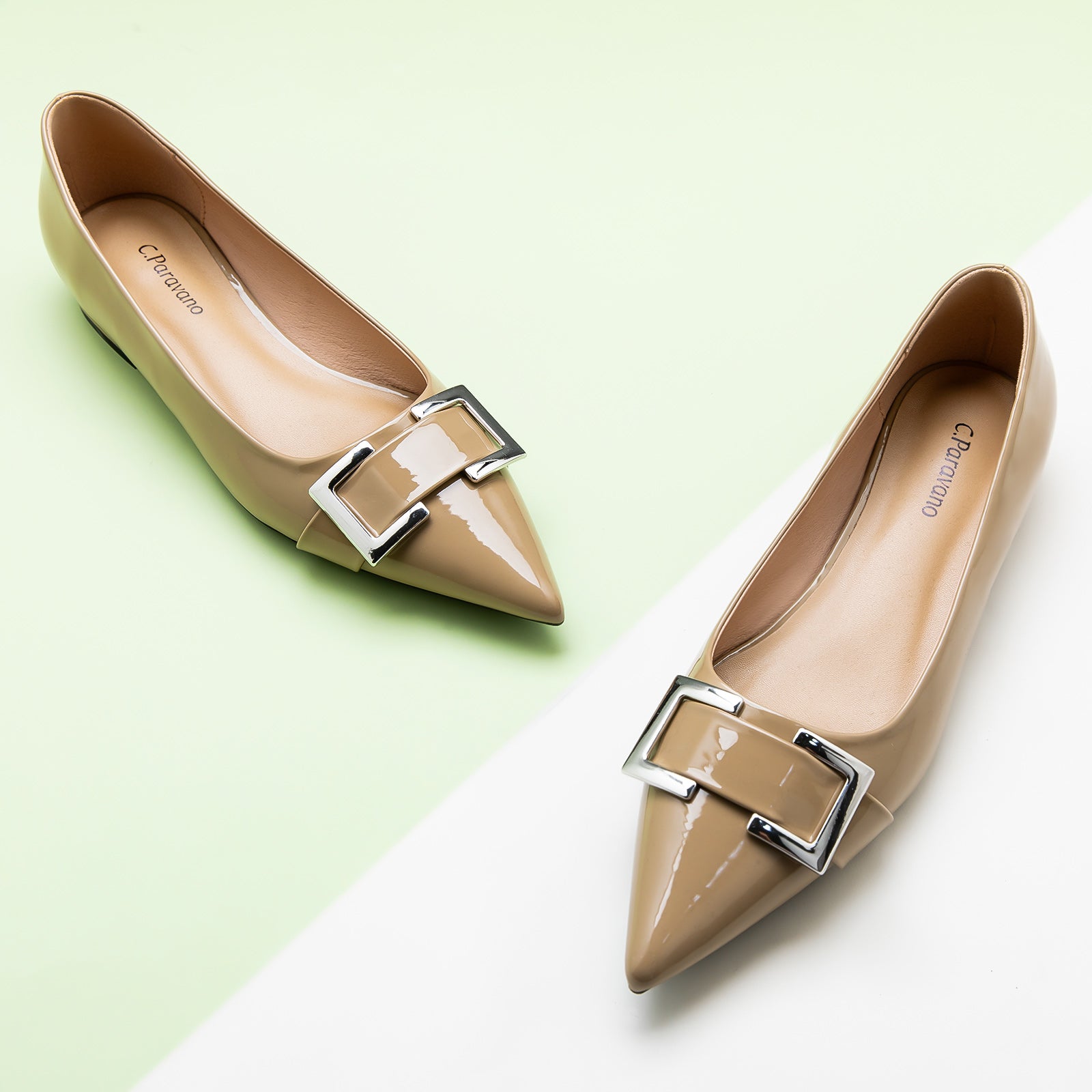  Beige Patent Leather Metal Buckle Pointed Toe Flats, a versatile and sophisticated choice for understated and timeless style