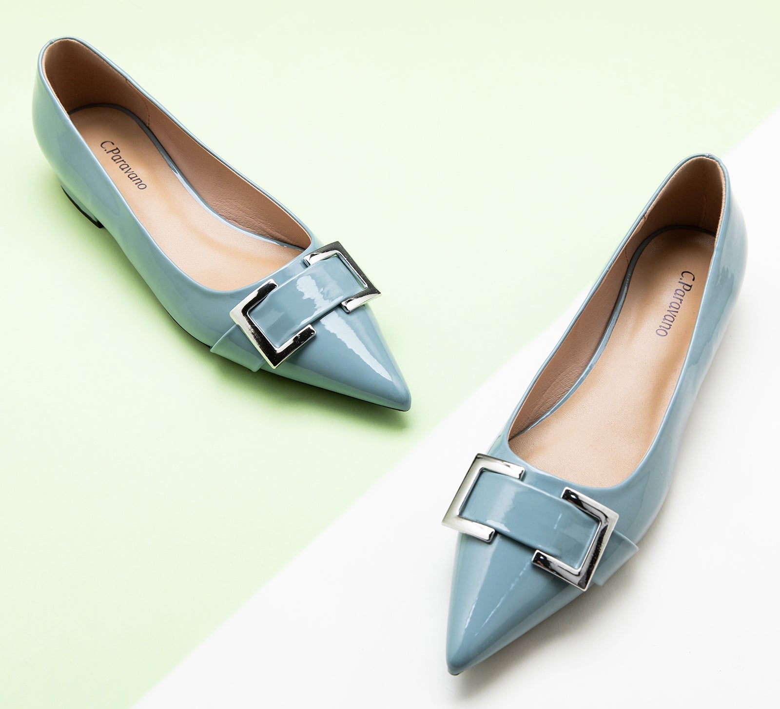  Blue Patent Leather Metal Buckle Pointed Toe Flats, a timeless and versatile choice for sophisticated styling