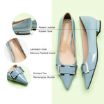 Blue Pointed Toe Flats with a metallic buckle, a chic and playful option for a maritime-inspired look