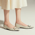Grey Patent Leather Metal Buckle Pointed Toe Flats, a versatile and chic choice for adding a touch of urban sophistication to your ensemble