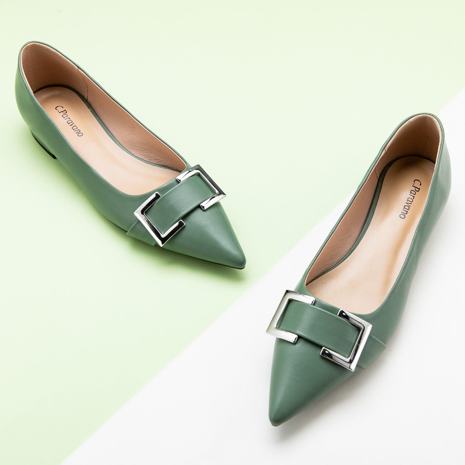 Emerald Green Elegance: Green Soft Leather Flats with a Metal Buckle and Pointed Toe, a vibrant and eye-catching choice for adding a pop of color to your ensemble