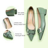 Urban Green Sophistication: Soft Leather Flats in Green with a Metal Buckle, offering a chic and modern option for city living