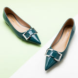 Metal Buckle Pointed Toe Flats in Peacock Blue, featuring patent leather for a touch of opulence.