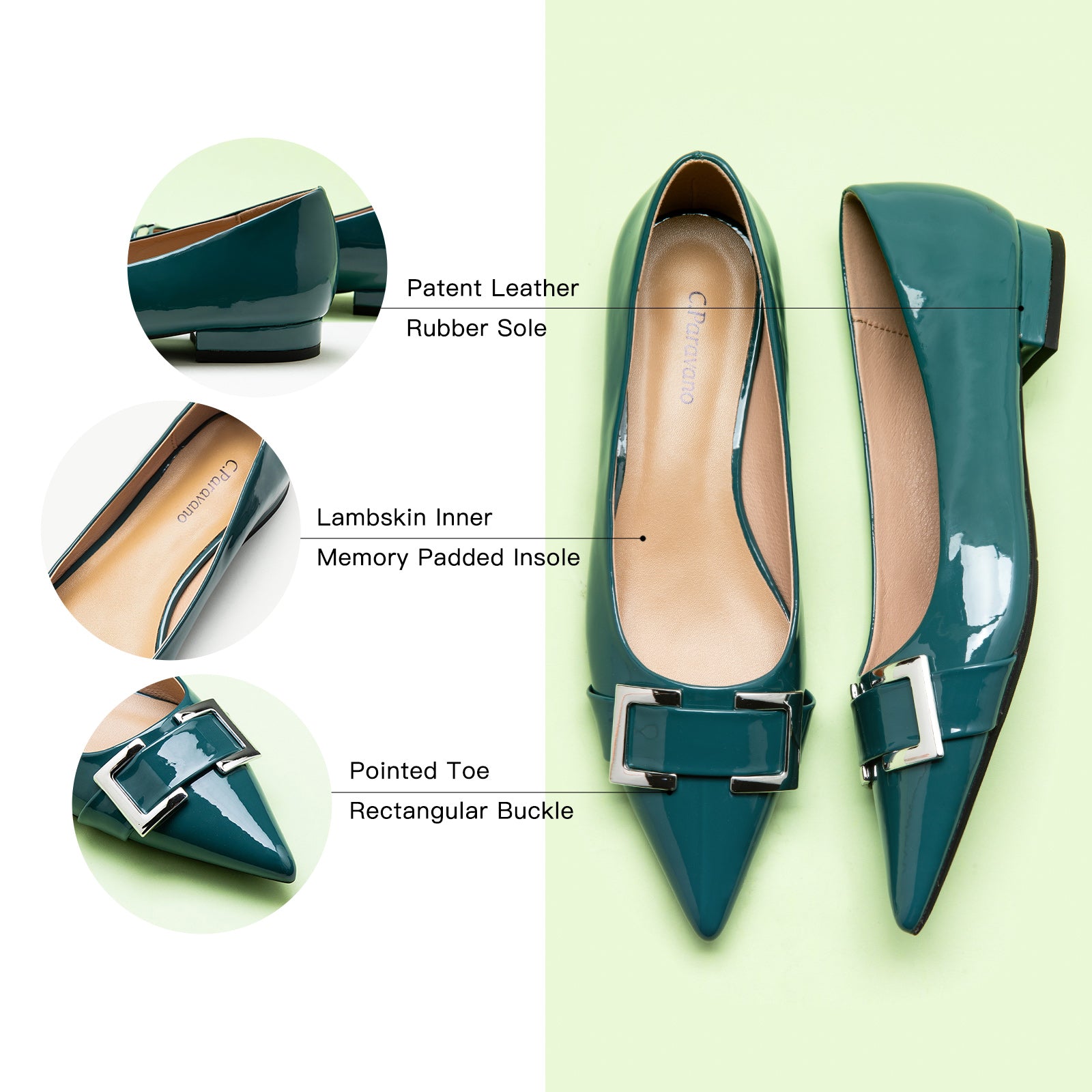 Patent Leather Flats in Peacock Blue with a distinctive metal buckle, perfect for making a statement