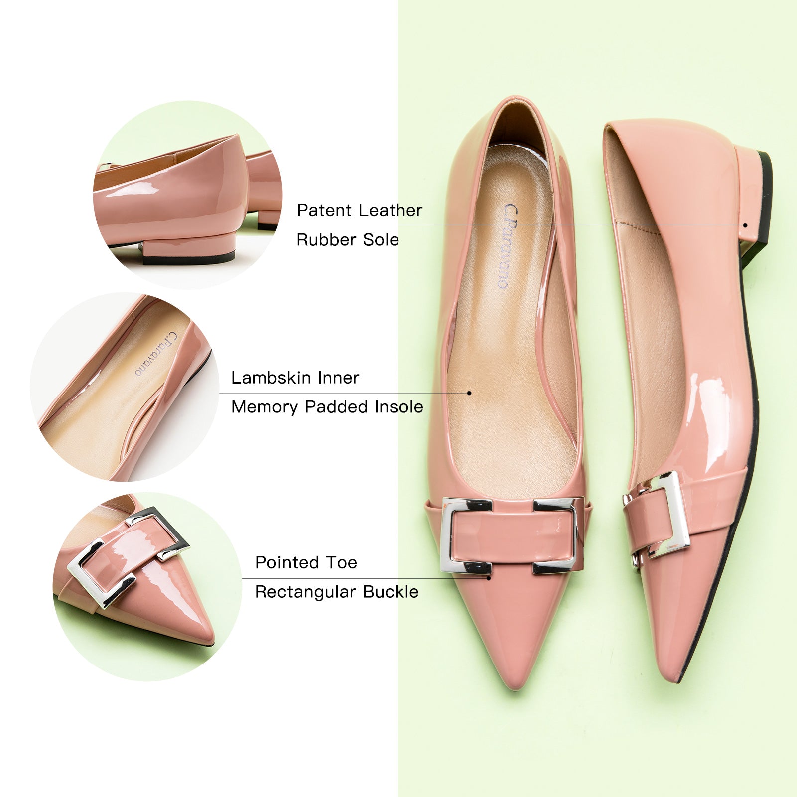 Metal Buckle Flats in Pink with a pointed toe, featuring patent leather for a polished and sophisticated style