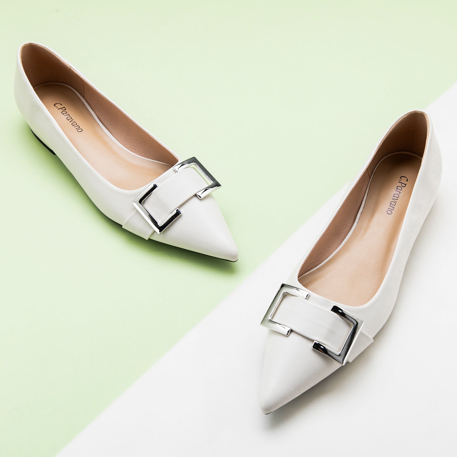 White Flats with a stylish Metal Buckle and Pointed Toe, perfect for a fresh and modern addition to your footwear collection