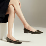 Dark Green Trapezoidal Buckle Flats, a modern and nature-inspired choice for a fashionable and sophisticated style