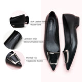 Black Trapezoidal Buckle Flats, perfect for city living with a touch of contemporary sophistication.