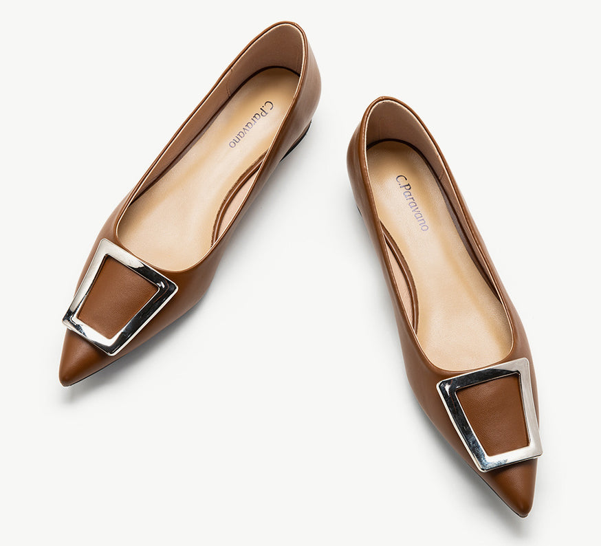 Brown Trapezoidal Buckle Flats - Front View