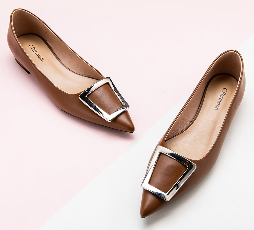 Stylish Brown Buckle Flats with Trapezoidal Shape