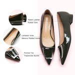 Flats in Dark Green with a trapezoidal buckle, offering a chic and modern option for city living