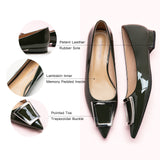 Flats in Dark Green with a trapezoidal buckle, offering a chic and modern option for city living