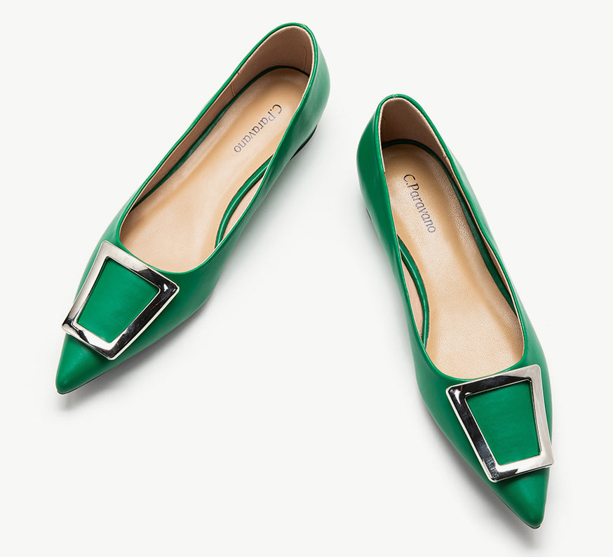 Stylish Green Trapezoidal Buckle Flats - Timeless and Chic