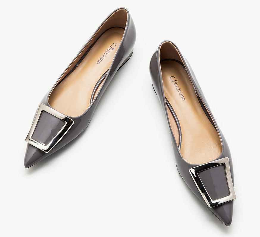 Grey Trapezoidal Buckle Flats - Classic and Chic