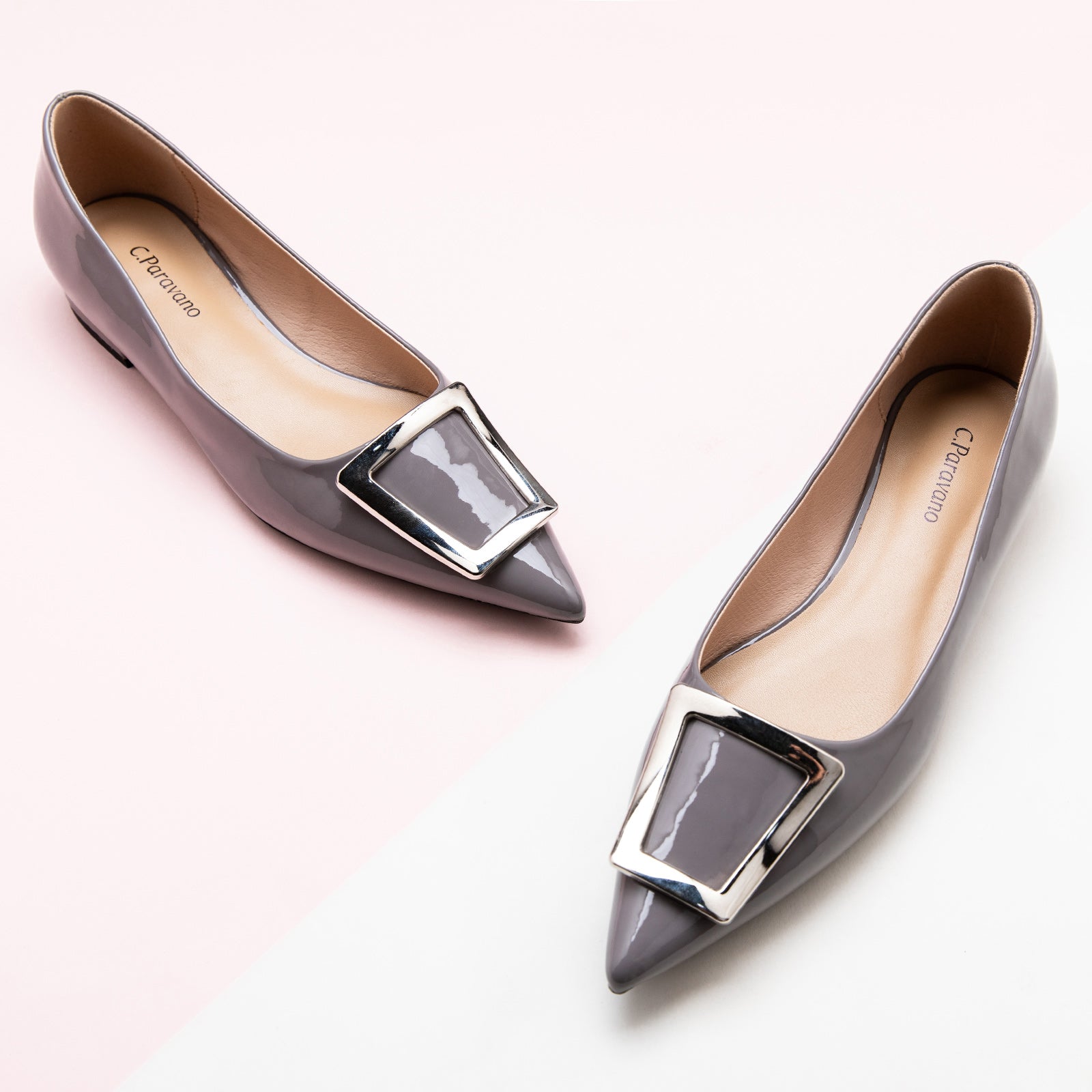 Trapezoidal Buckle Flats in Grey, a contemporary and versatile choice for adding a touch of urban sophistication to your ensemble.