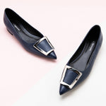 Black Trapezoidal Buckle Flats - Classic and Chic"