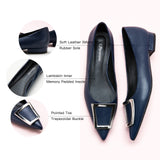 Trapezoidal Buckle Flats in Navy, offering a refined and understated option for urban sophistication.