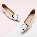 Trapezoidal Buckle Flats in White, a clean and timeless choice for sophisticated and versatile styling