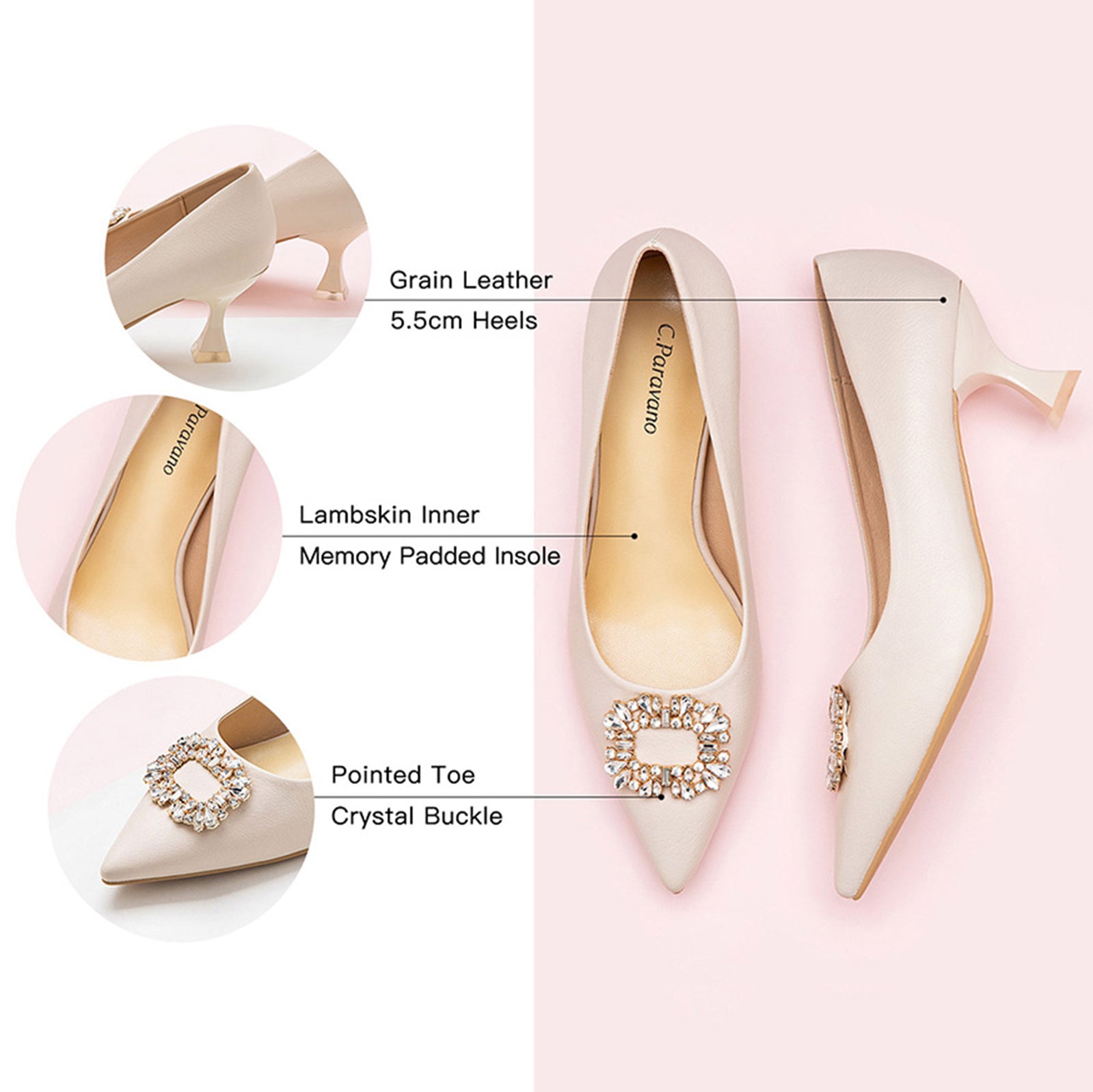 Classic White Charm: White Buckle Kitten Heel Pumps with embellishments, a timeless and elegant addition to your footwear collection