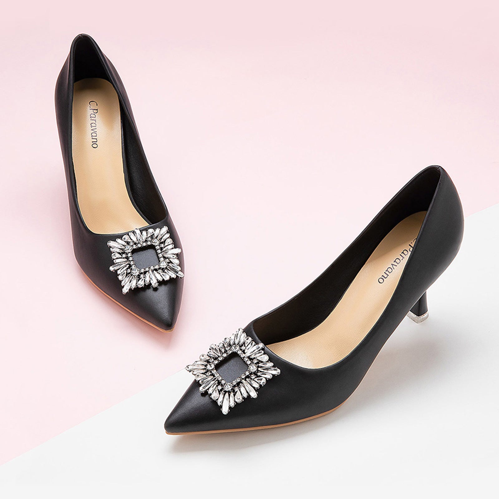 Chic Black Crystal Buckle Leather Pumps