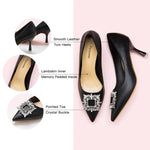 Black Crystal Buckle Leather Pumps: Classic and Versatile.