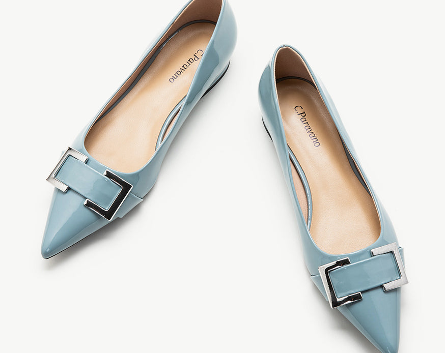 Blue-Metal-buckle-pointed-toe-flats