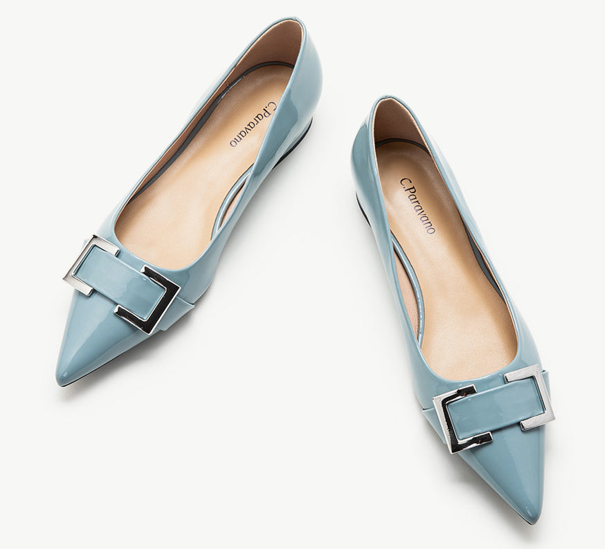 Blue-Metal-buckle-pointed-toe-flats