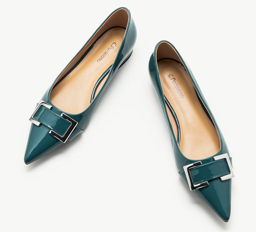 Blue-Peacock-Metal-buckle-pointed-toe-flats-a-stylish-and-sophisticated-choice