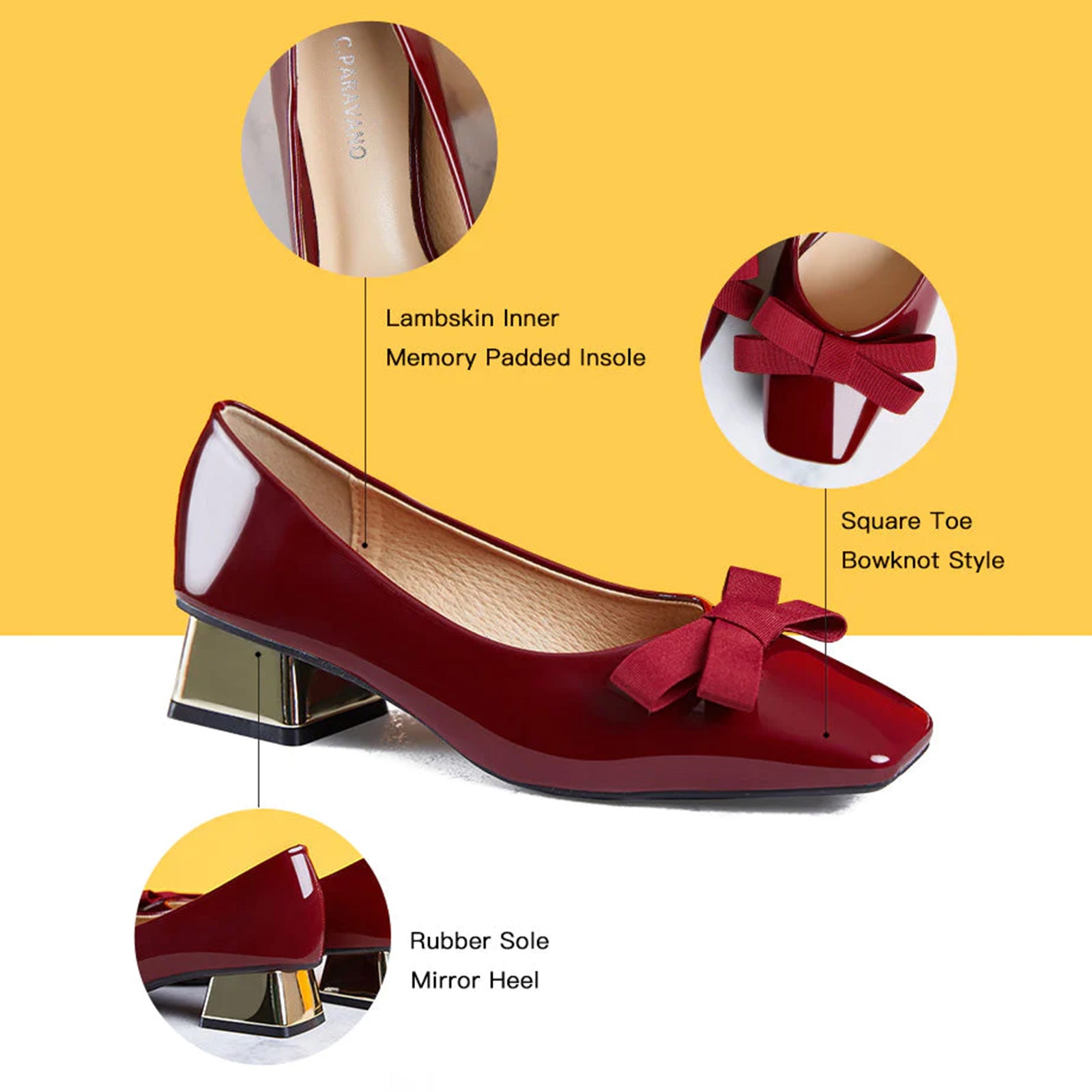 Red Patent Leather Block Heel Pumps, a glamorous choice for special occasions and events.