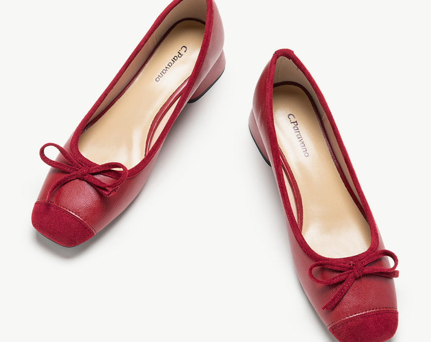 Red Low Heel Shoes with Stylish Bowknot Detail