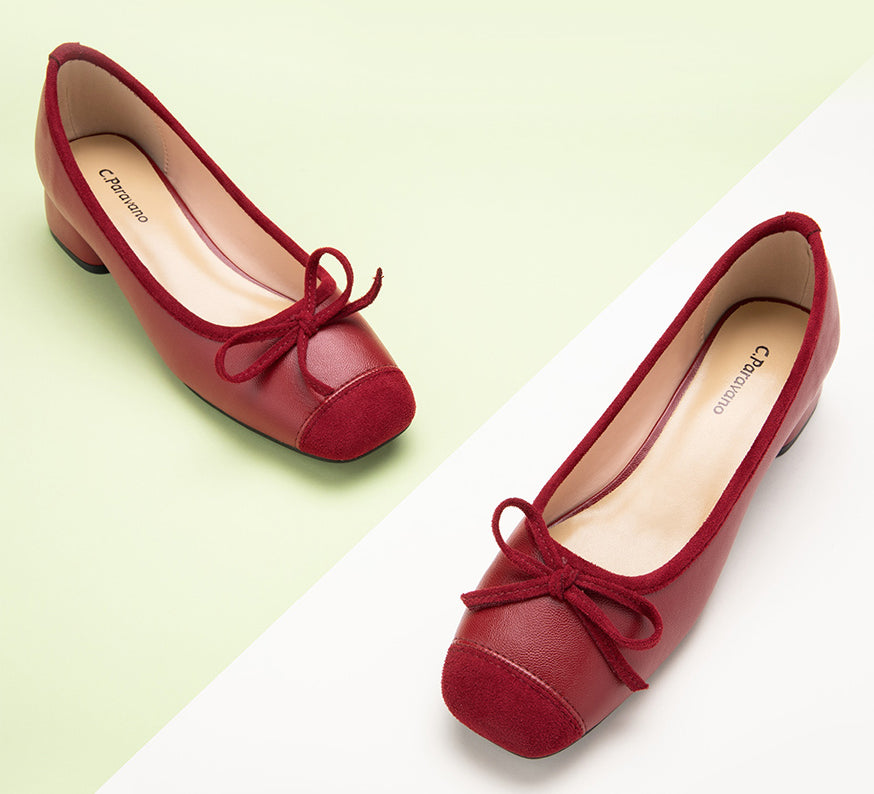 Elegant Low Heeled Footwear featuring a Red Bowknot