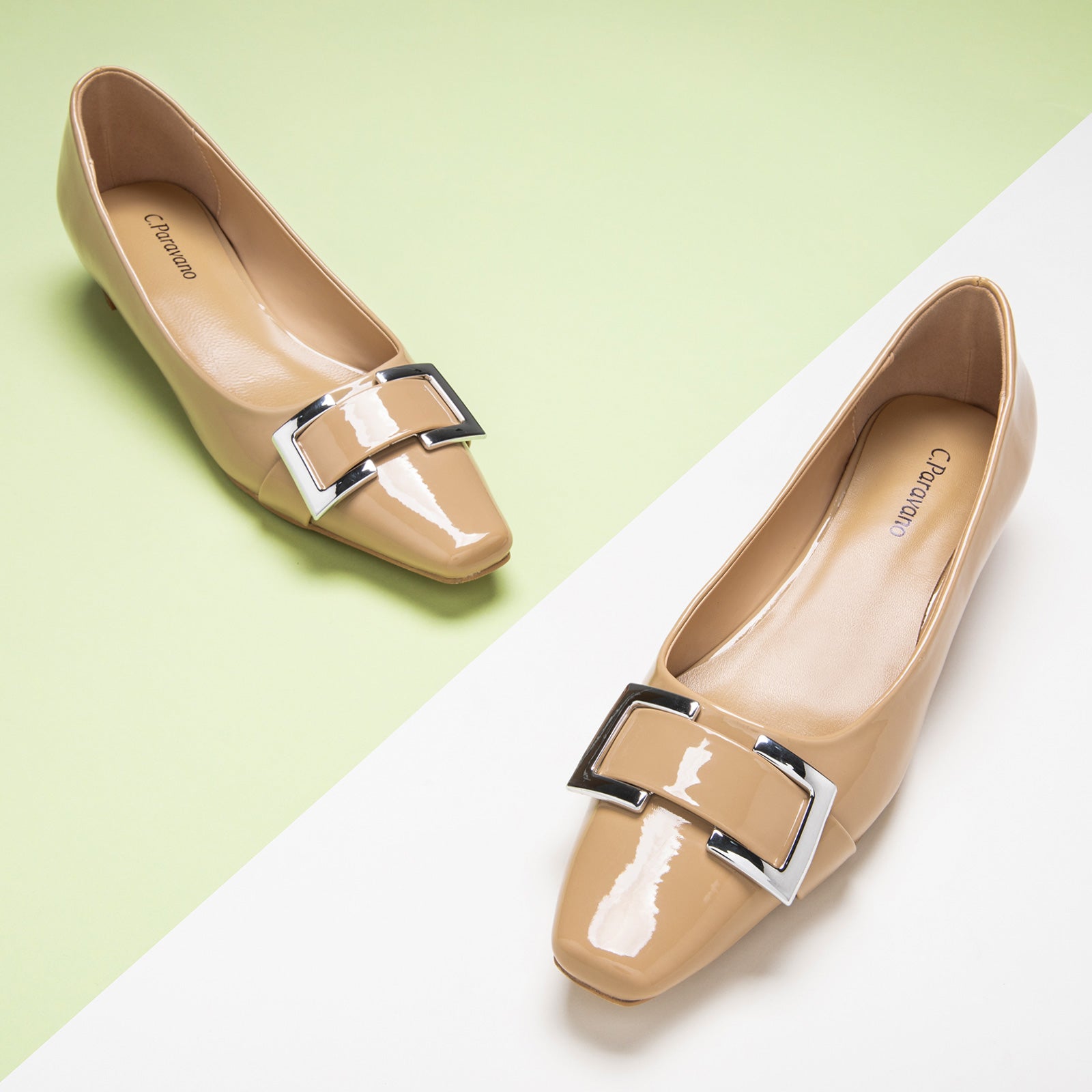 Warm and Welcoming: Beige Low Heels with metal accents, providing a cozy and fashionable addition to your footwear collection
