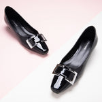 Black Metal Buckle Low Heels, a modern and edgy choice for city styling with a touch of sophistication.