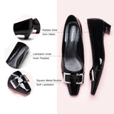 Black Low Heels with metal accents, adding a stylish and contemporary touch to your ensemble