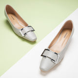 Grey Metal Buckle Low Heels, a versatile and chic choice for adding a touch of urban sophistication to your ensemble