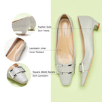 Grey Low Heels with metal buckles, a sleek and fashionable option for urban living