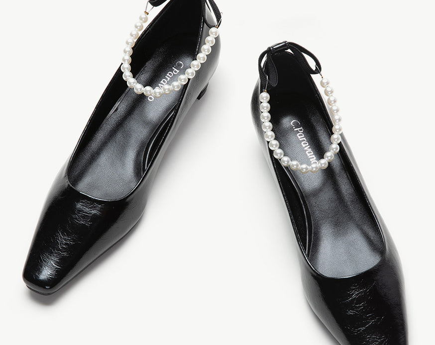Elegant Black Low Heel Shoes with Pearl Straps