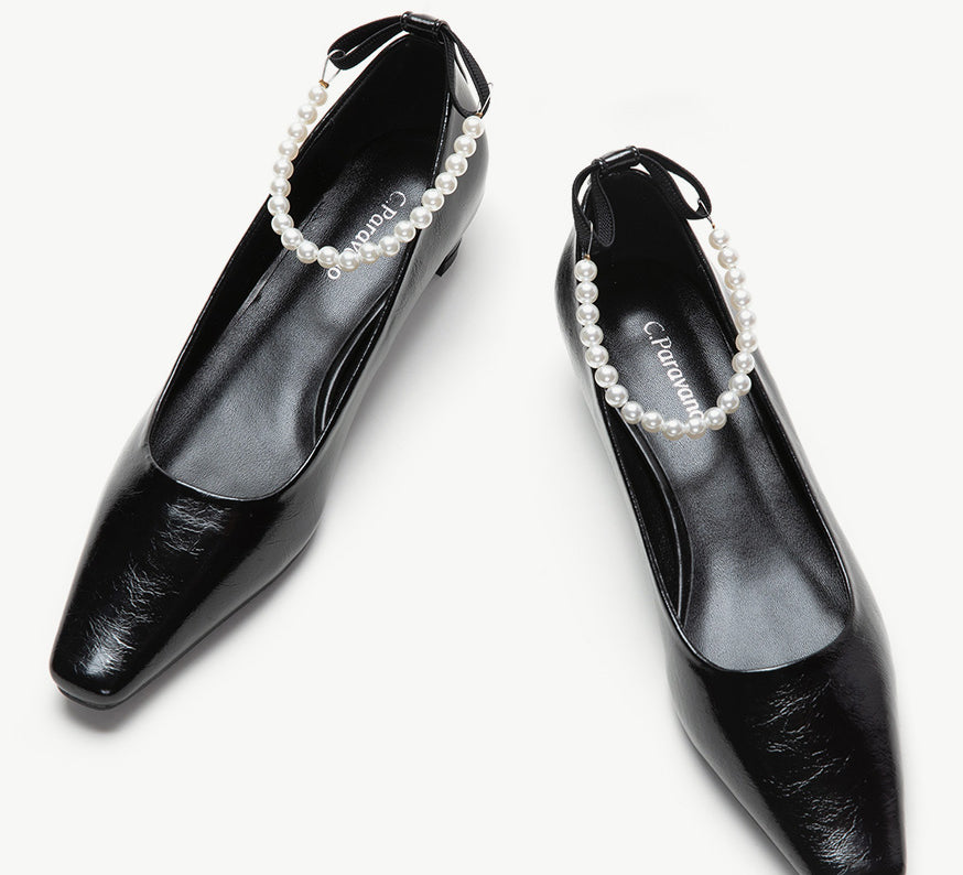Elegant Black Low Heel Shoes with Pearl Straps