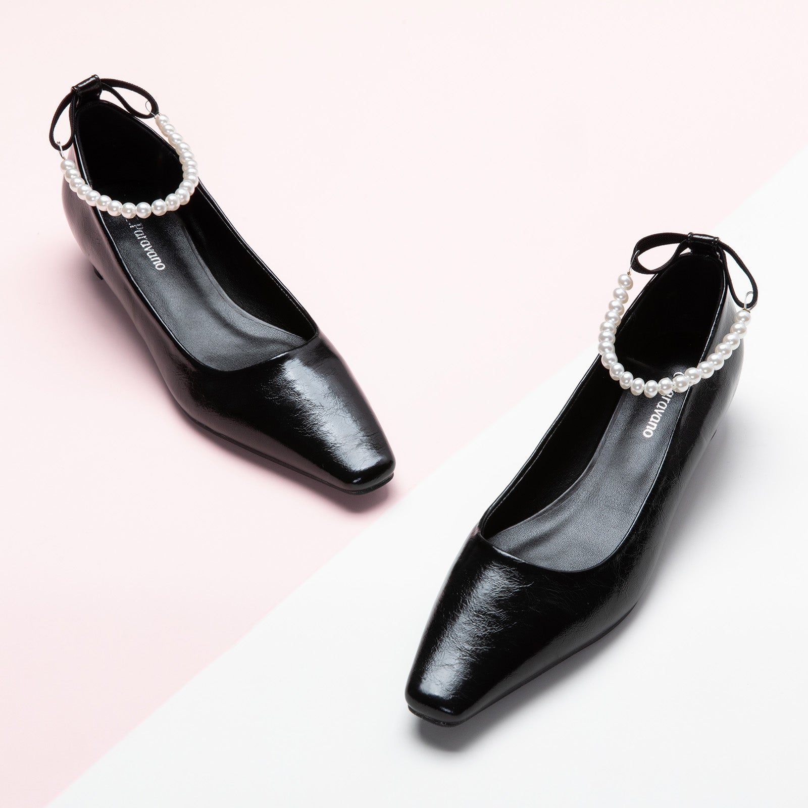 Pearl Straps Low Heel in Black, a modern and edgy option for city living with a touch of sophistication