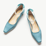 Blue Low Heel Shoes with Delicate Pearl Straps
