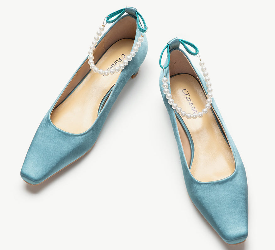 Blue Low Heel Shoes with Delicate Pearl Straps