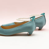 Blue Silk Low Heel with Elegant Pearl Straps