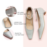 Grey Low Heel with delicate pearl straps, a sleek and fashionable option for urban living.