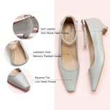 Grey Low Heel with delicate pearl straps, a sleek and fashionable option for urban living.