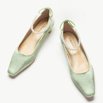 Green Low Heel Shoes with Elegant Pearl Straps