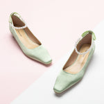 Green Pearl Straps Silk Low Heel