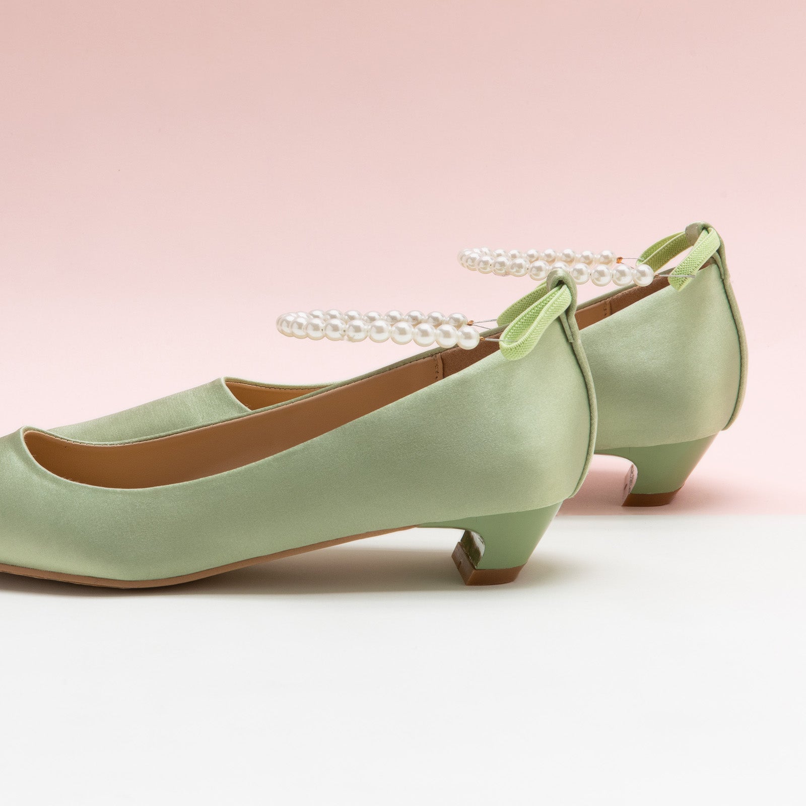 Green Silk Low Heel with Delicate Pearl Straps