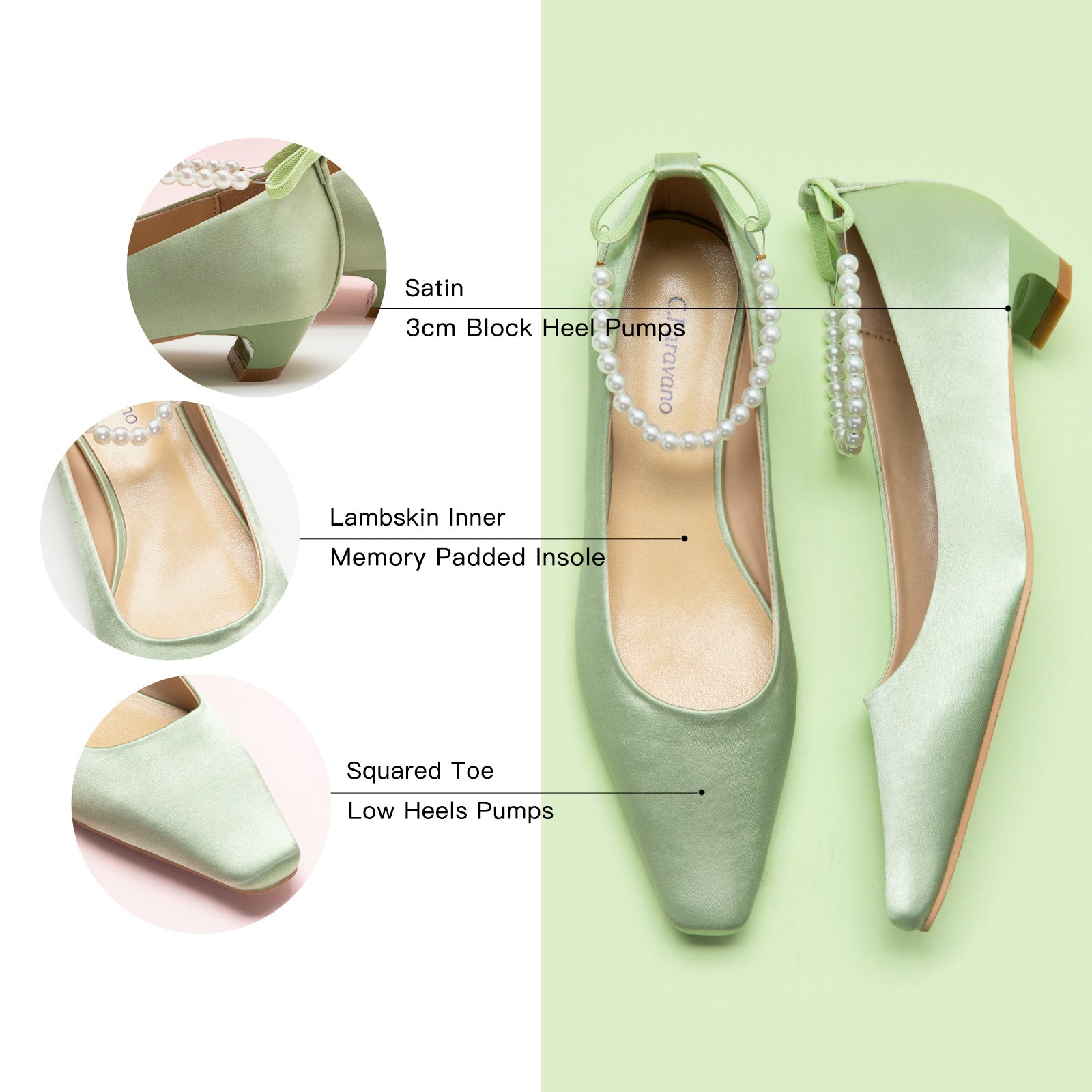 Pearl-Embellished Green Silk Low Heel.