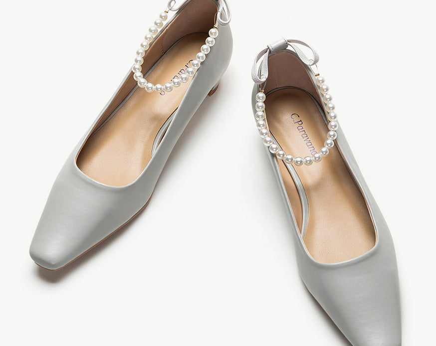 Grey Low Heel Shoes with Elegant Pearl Straps